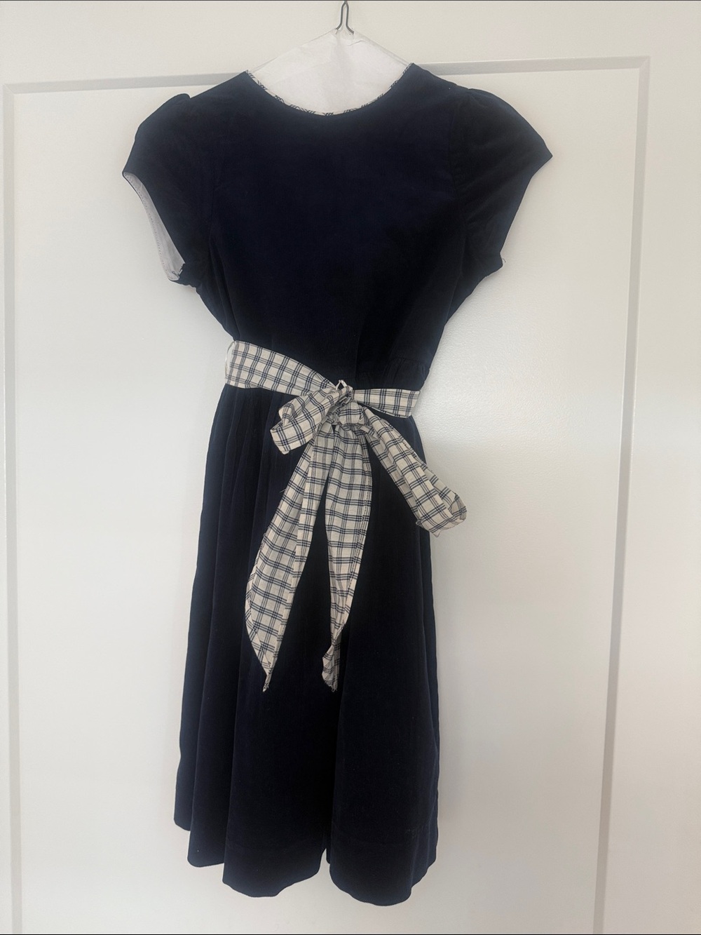 BAILEY BOYS  Navy velvet Girls' Dress with Plaid Sash- can be tied front or back